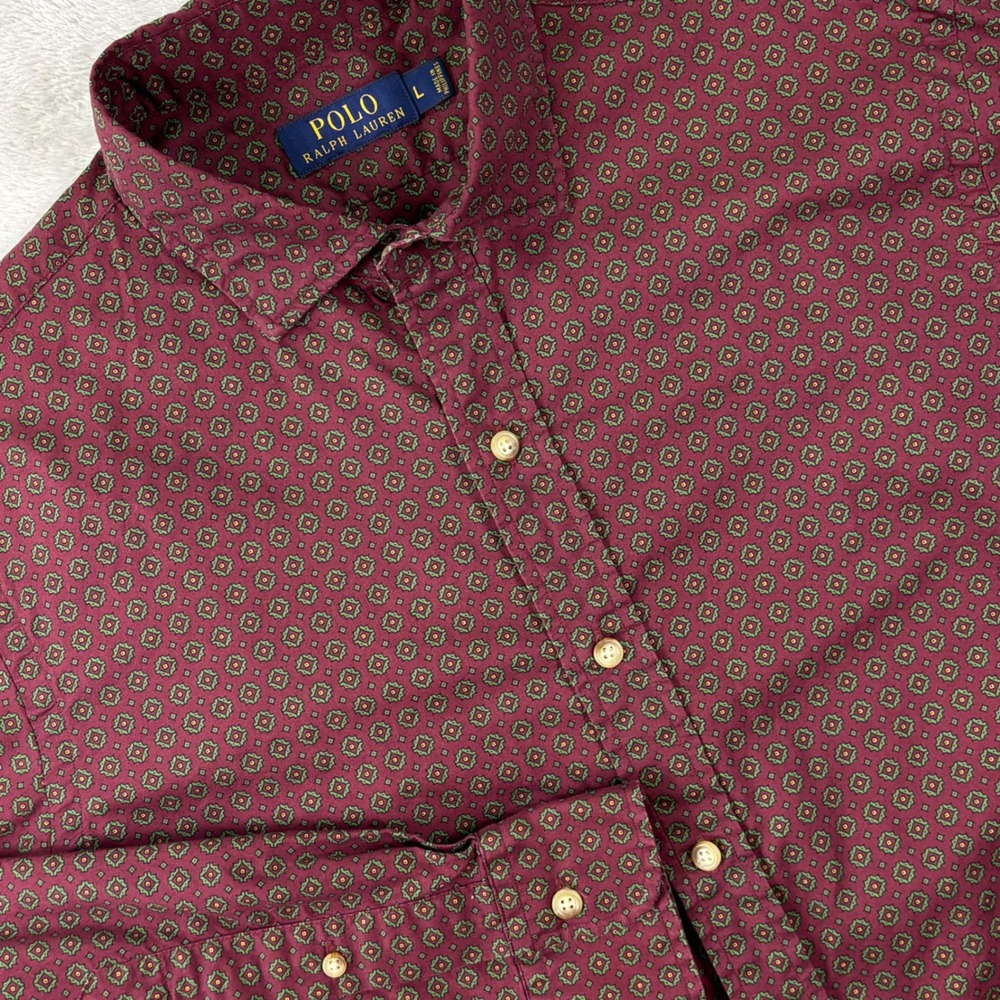 Polo Ralph Lauren Mens Button Down Shirt L Burgundy Medallion Print Cotton